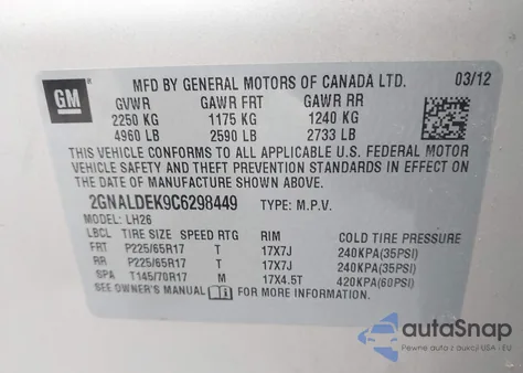 2012 Chevrolet Equinox 1Lt z USA, uszkodzony, nr VIN 2GNALDEK9C6298449